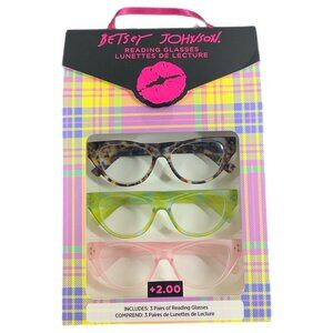 NIP Betsey Johnson 3 Pack Reading Glasses Cat Eye Tortoise Green Pink +2.00